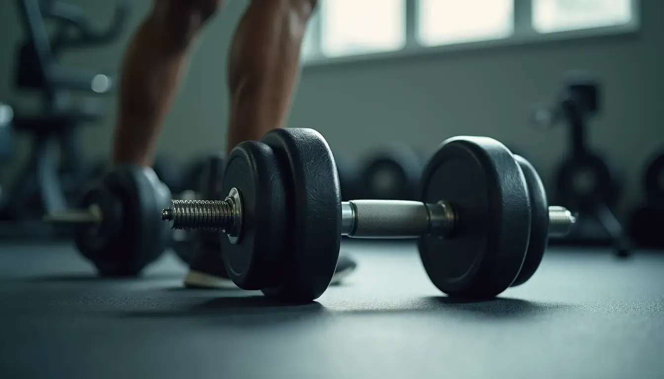 Close-up view of dumbbells on a gym floor
