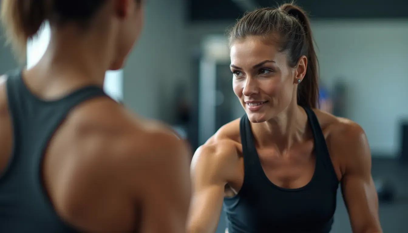 Close-up view of a personal trainer guiding a member during a workout session
