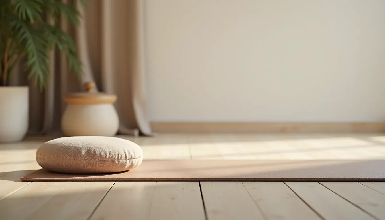 Close-up view of a yoga mat and meditation cushion in a calm studio space